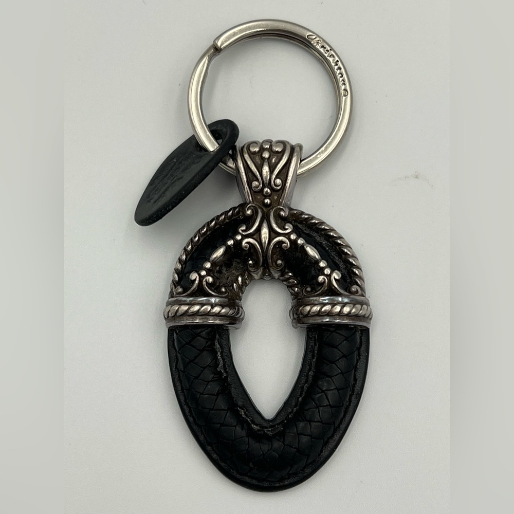 Brighton Black Braided Leather Center Oval Silver Key Ring 2033